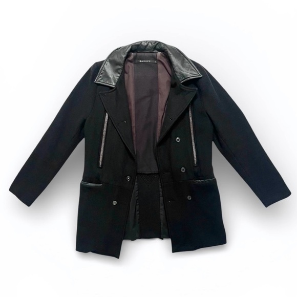 NICE Collective Black Wool Double Breasted Military Peacoat Leather medium - Picture 3 of 12